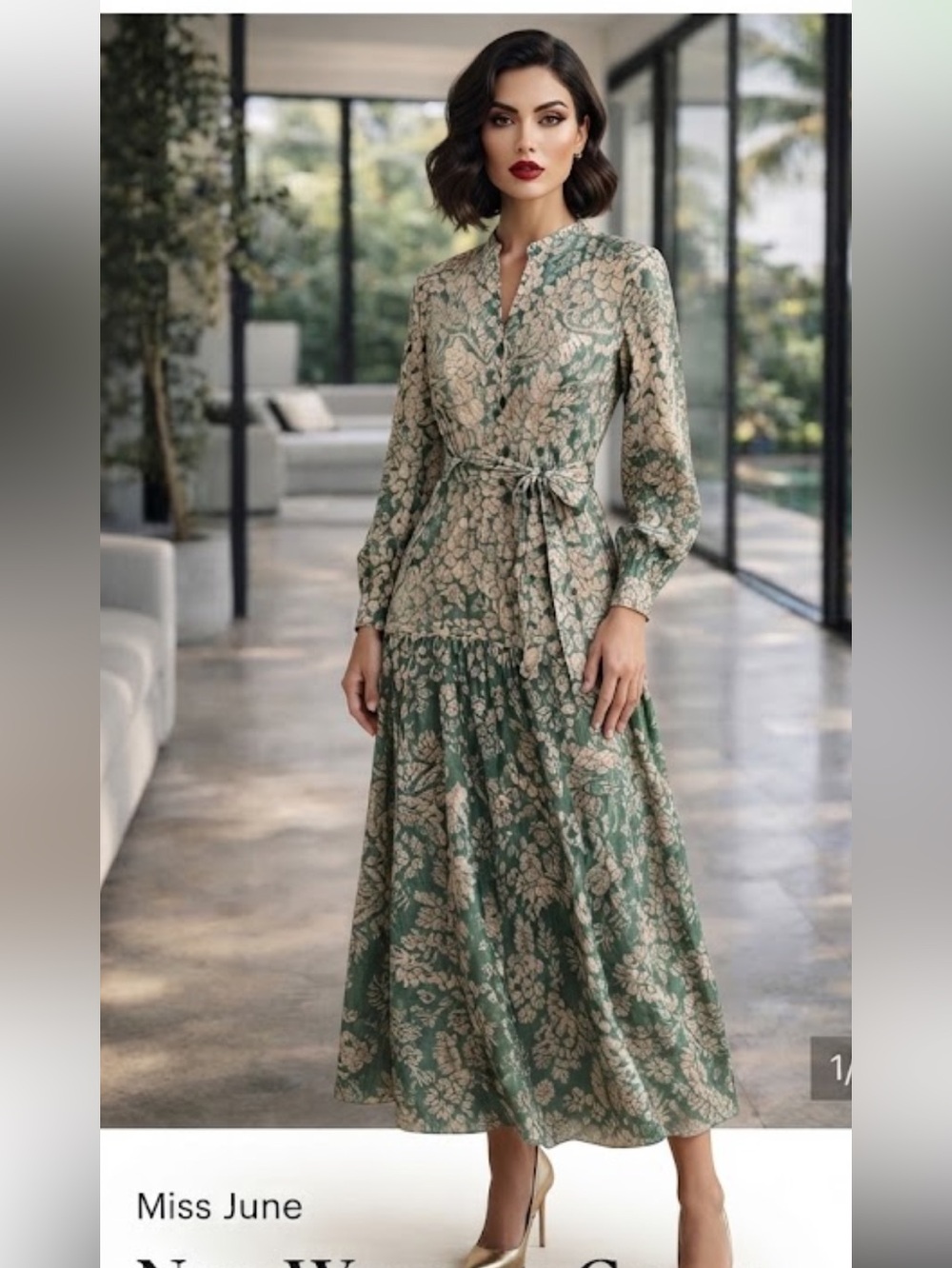 New Women's Green Paisley Maxi Dress with Long Sleeves one size - Picture 2 of 16